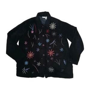 White Stag L 12/14 Black Button Front Jacket Embroidered Beaded Starburst Floral